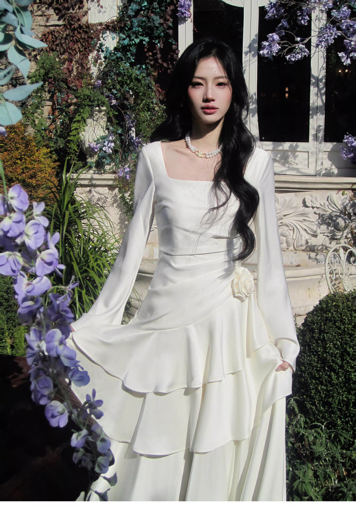 Elegant White Square Neck Satin Layered Ruffles Mermaid Long Evening Dress Birthday Dress SP1646