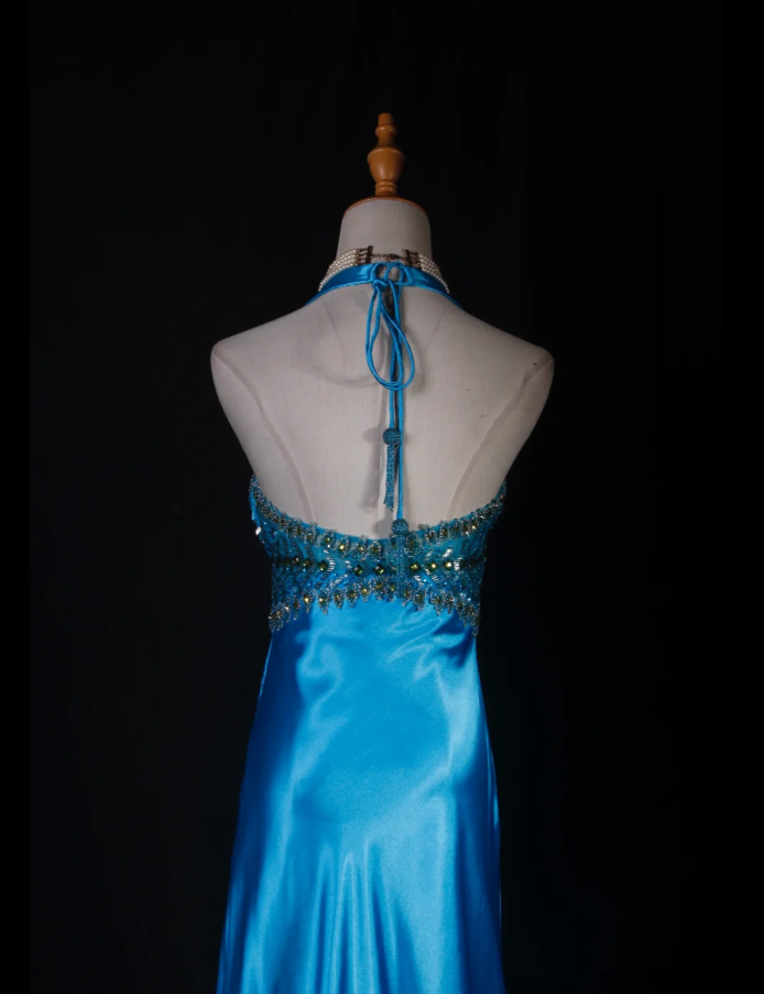 Elegant Halter V Neck Satin Beaded Prom Dress Blue Mermaid Slit Long Party Gowns