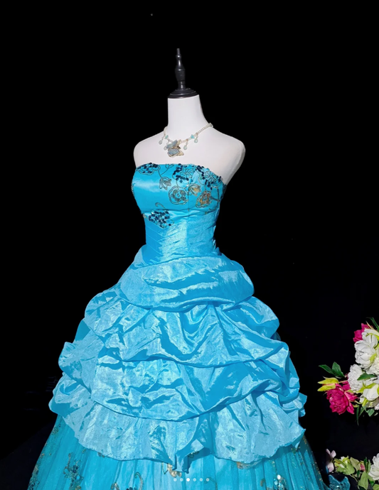Gorgeous Strapless Quinceanera Dress Blue Satin Tulle Sequin Floral Ball Gown Sweet 16 Dress