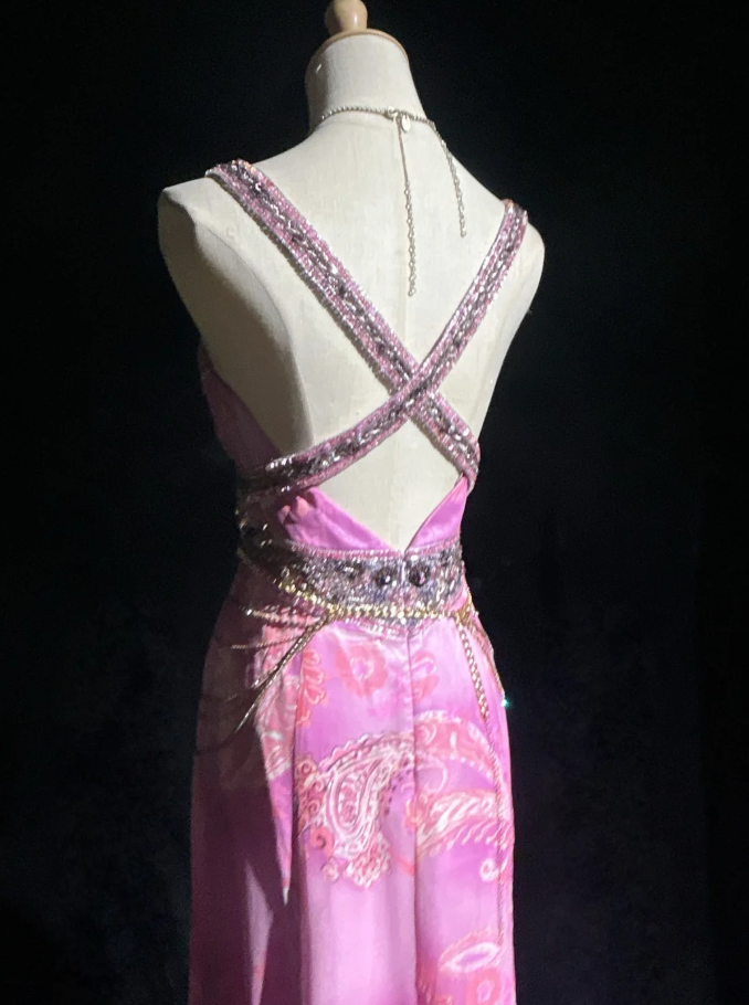 Glamorous Pink Spaghetti Straps Chiffon Floral Beaded Mermaid Evening Dress Long Party Dress SP1816