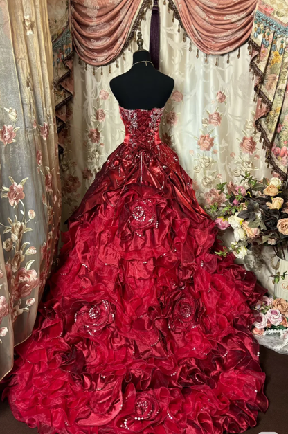 Vintage Strapless Burgundy Satin Pleated Beaded Ball Gown Sweet 16 Dress