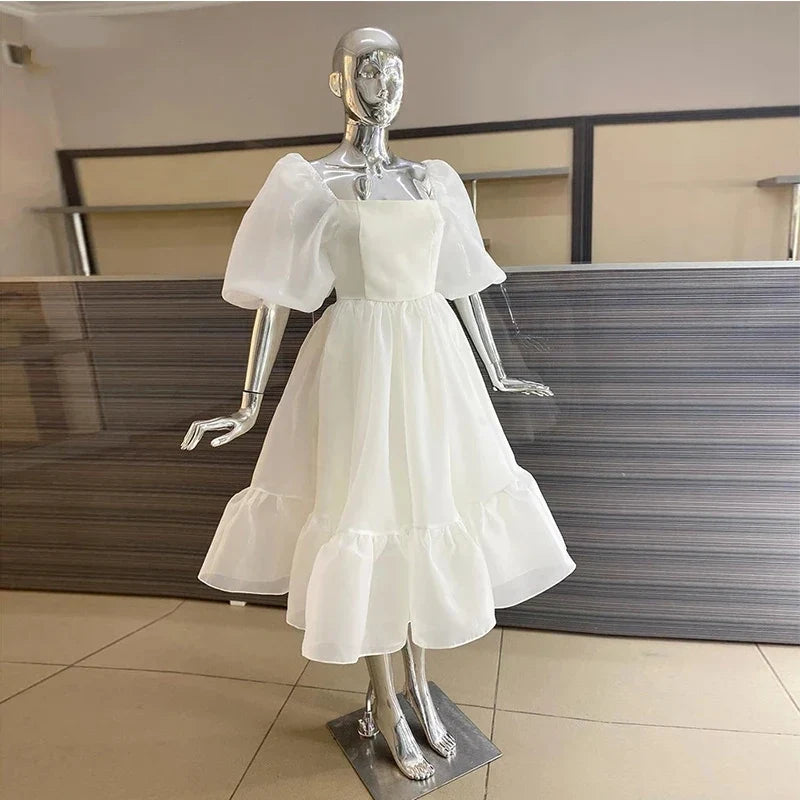 Retro Style Square Neckline A-line Prom Dress With Puff Sleeves  Y6869