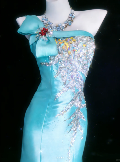 Glamorous Blue One Shoulder Satin Sequin Beaded Mermaid Evening Dress Long Birthday Party Dress SP1595