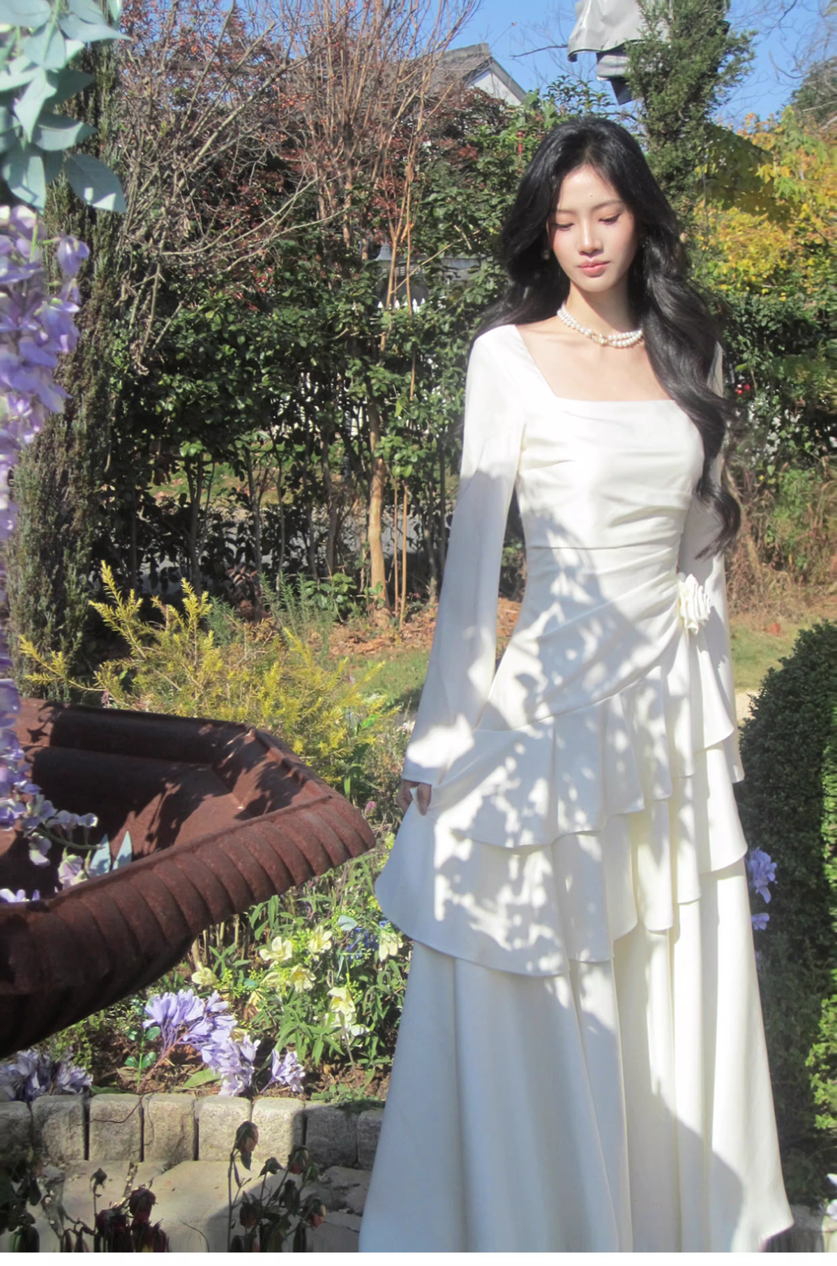 Elegant White Square Neck Satin Layered Ruffles Mermaid Long Evening Dress Birthday Dress SP1646