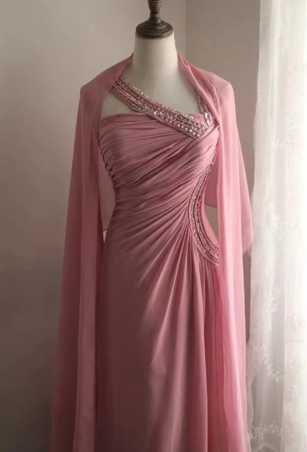 Fairy Pink Chiffon Sequin Beaded Mermaid Long Party Dress Birthday Evening Gown