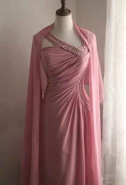 Fairy Pink Chiffon Sequin Beaded Mermaid Long Party Dress Birthday Evening Gown