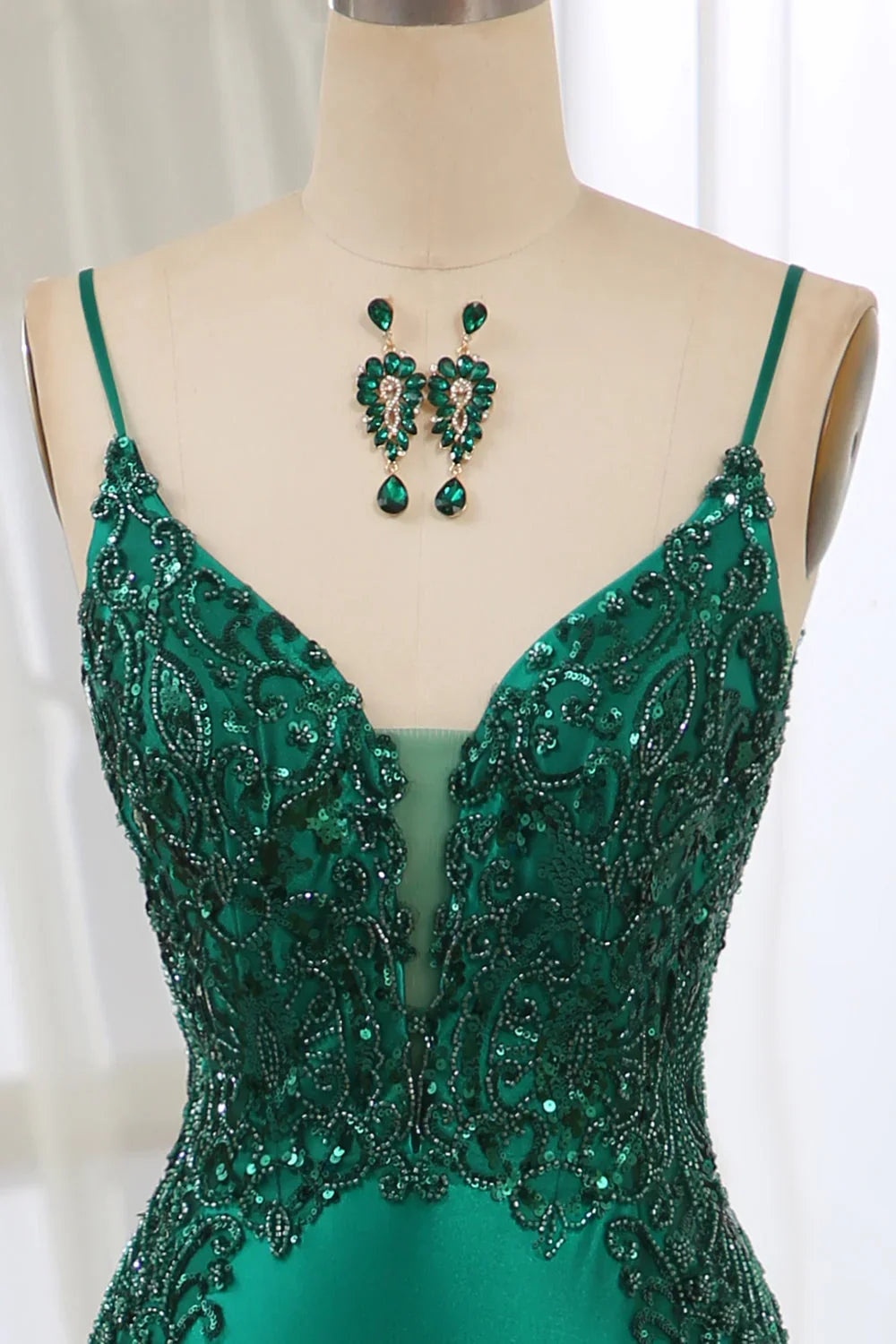 Sparkling dark green fish tail backless ball dress