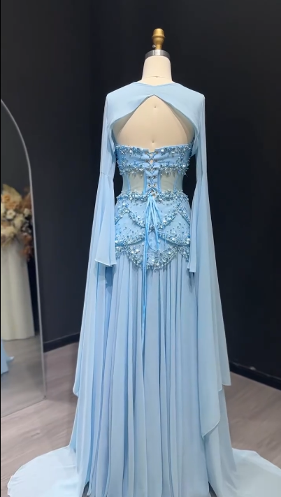 Elegant Blue Chiffon Beaded Long Party Dress Birthday Prom Dress SP1362