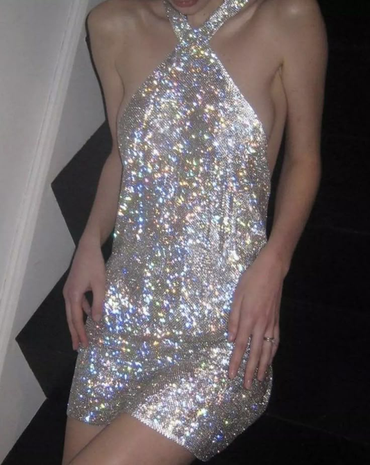 Glitter Halter Backless Sheath Cocktail Dress Silver Short Birthday Dress Homecoming Dress Y8896