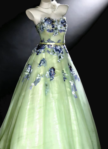 Fairy Strapless Ball Gown Green Tulle Embroidery Appliques Long Birthday Party Dress Prom Gown SP1853