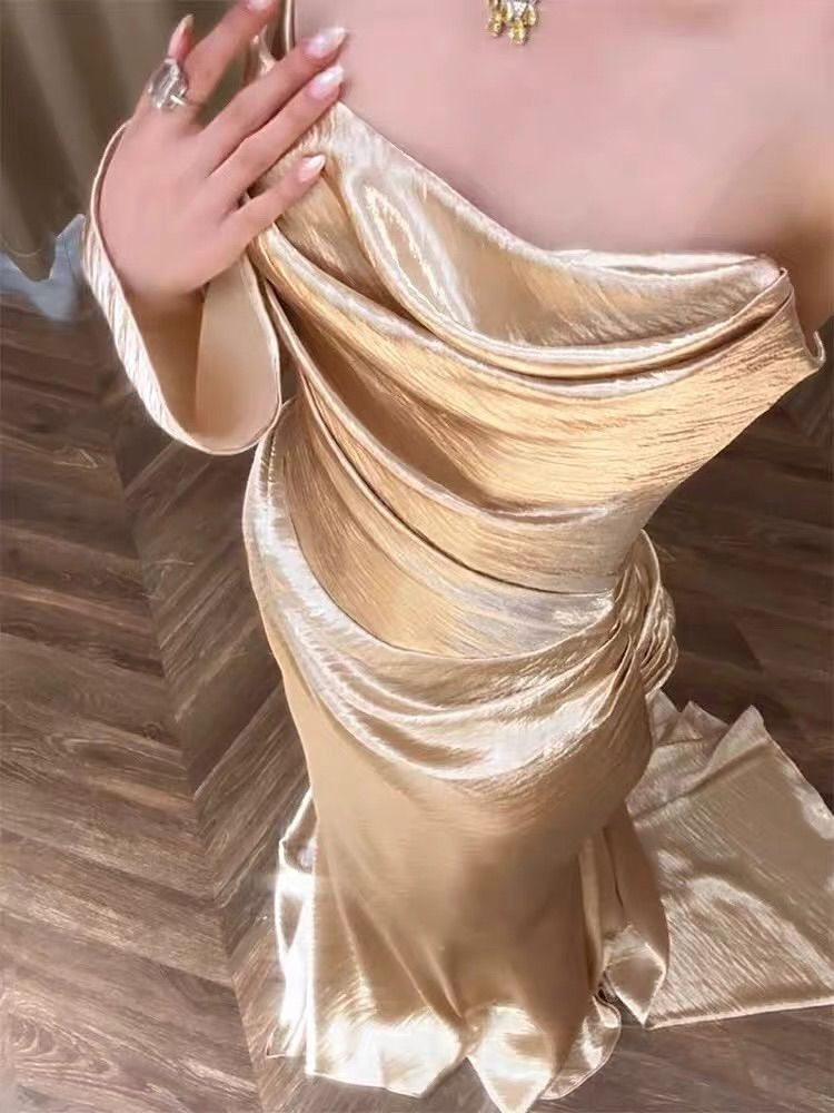Chic Champagne Gold Satin Pleated Mermaid Long Party Dress Formal Wedding Guest Dress SP1090