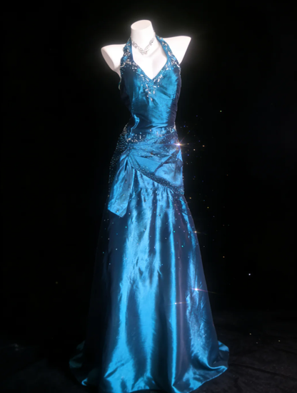 Glitter Blue Halter Satin Beaded Mermaid Long Party Dress Formal Wedding Guest Dress SP1593