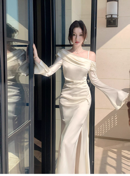 Classy Light Apricot Off The Shoulder Mermaid Slit Long Party Dress Prom Gown Formal Wedding Guest Dress SP1494