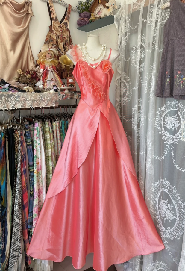 Pretty Spaghetti Straps Peach Pink Satin Long Party Dress Evening Gown