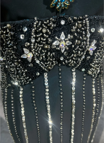 Gorgeous Halter V Neck Peacock Blue Satin Beaded Mermaid Long Evening Dress Backless Prom Gown SP1384