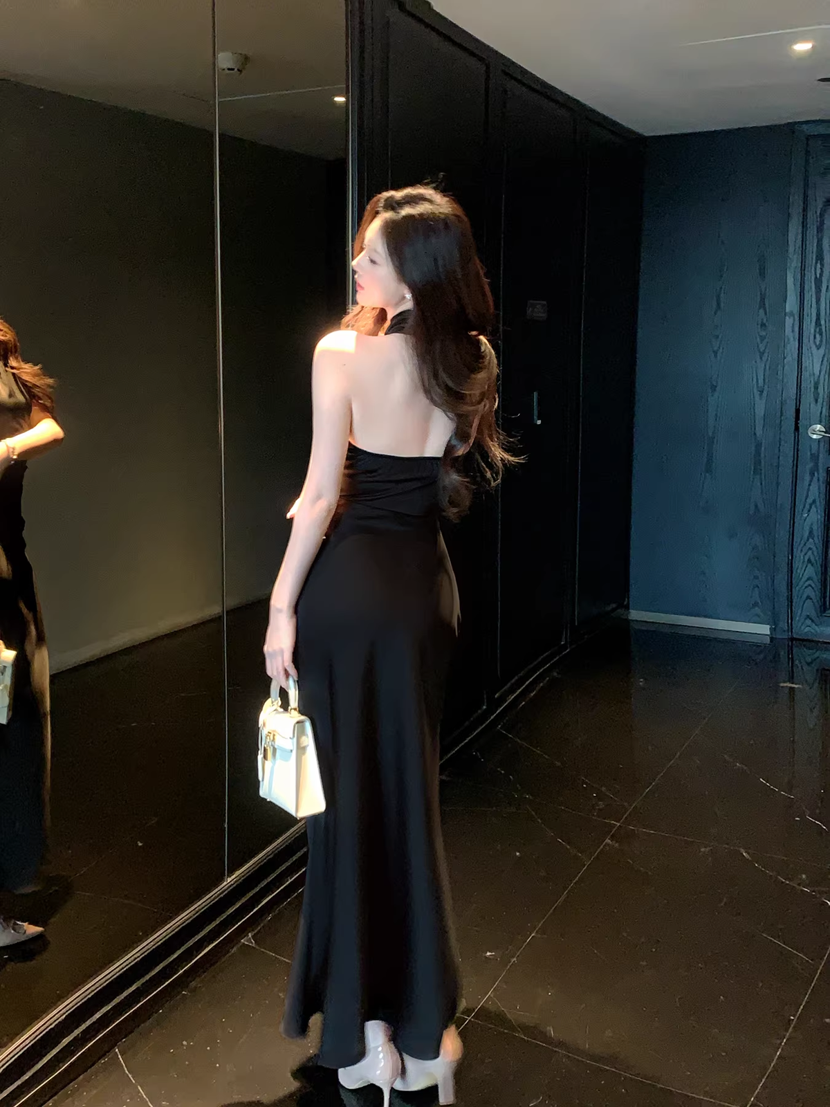 Sexy Black Halter Satin Mermaid Long Evening Dress Birthday Prom Dress SP1643
