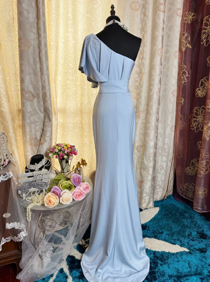 Classy One Shoulder Haze Blue Satin Pleated Mermaid Long Wedding Guest Dress Formal Birthday Evening Dress SP1618