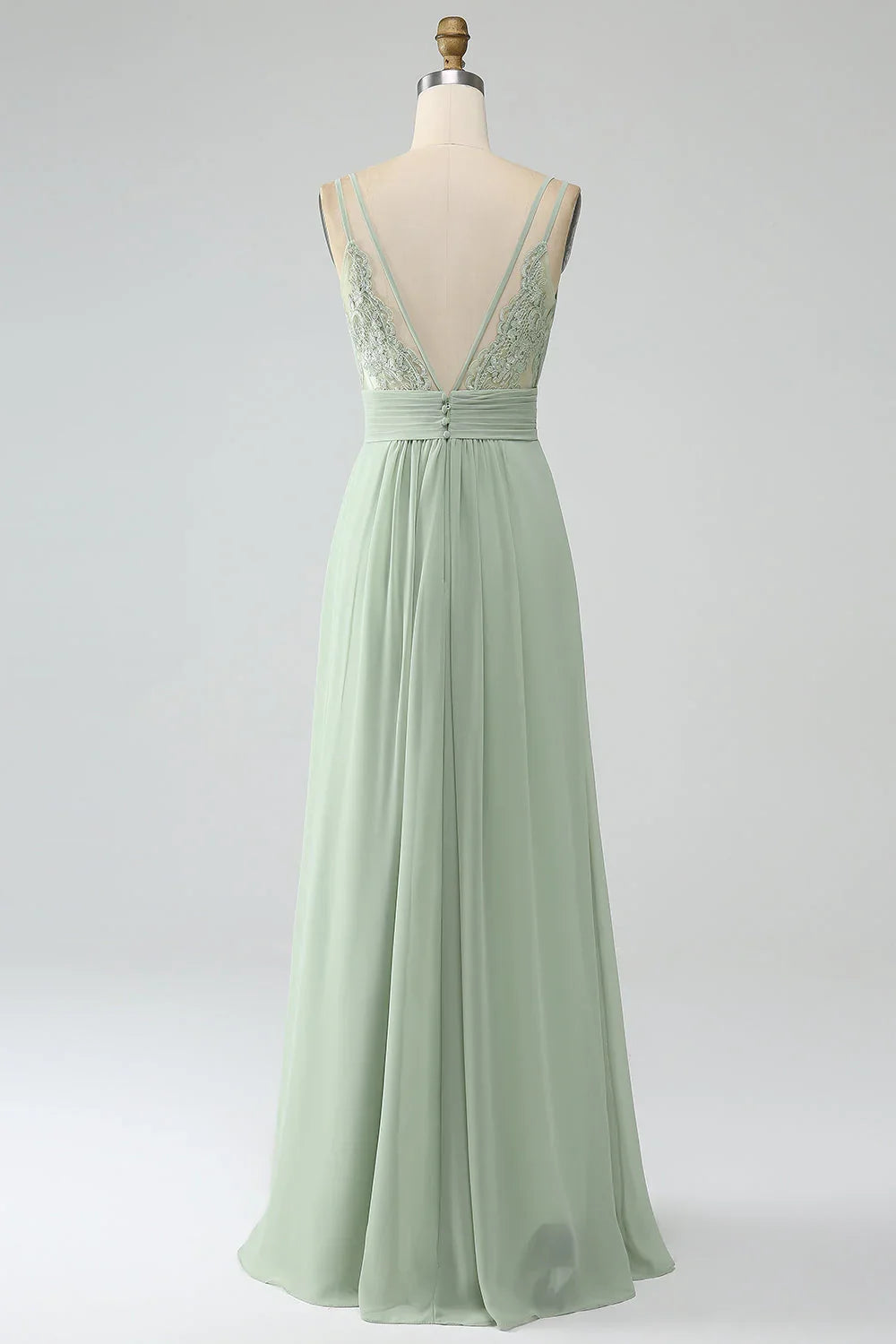 Dusty Sage A-line thin shoulder pleated chiffon long bridesmaid dress