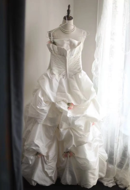 Elegant Strapless Ball Gown White Satin Pleated Floral Long Wedding Dress