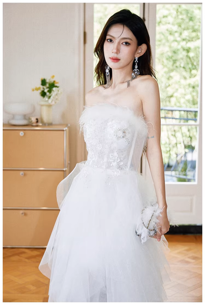 Classy White Feathers Strapless Embroidered Tulle Sequin Appliques Long Birthday Prom Dress Evening Gown