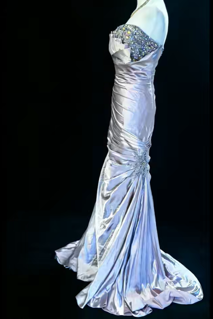Elegant Purple Strapless Beaded Satin Pleated Mermaid Long Party Dress Prom Gown SP1851