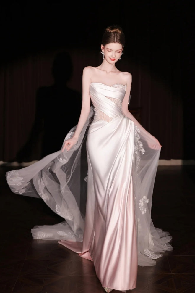 Pink gradient satin lace long tulle wedding dress gh6847