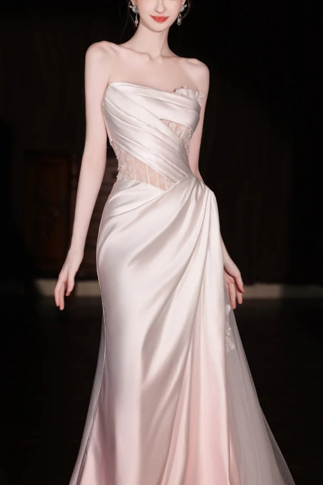 Pink gradient satin lace long tulle wedding dress gh6847