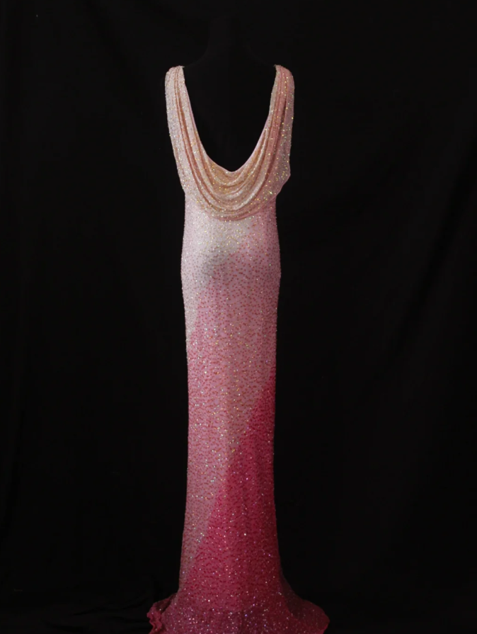 Glamorous Sleeveless Ombre Pink Satin Beaded Mermaid Long Evening Gown Birthday Outfits