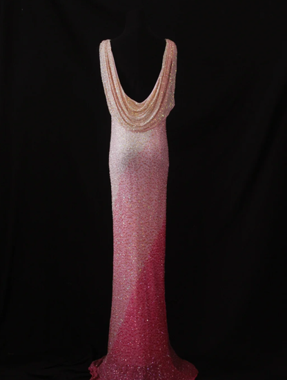 Glamorous Sleeveless Ombre Pink Satin Beaded Mermaid Long Evening Gown Birthday Outfits