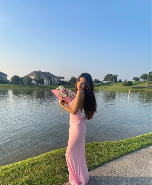 Pink Spaghetti Straps Long Prom Dress Open Back Party Evening Gown cc2263