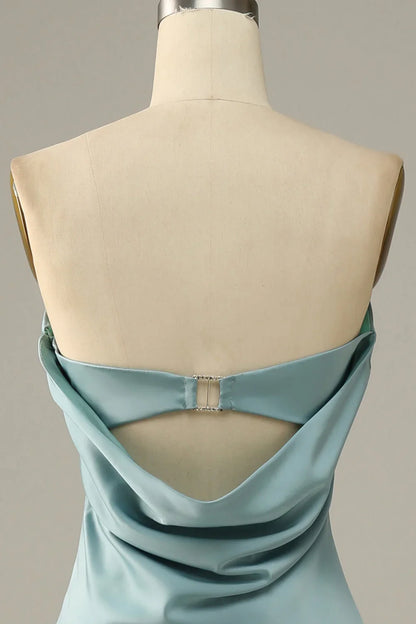 Grey blue satin fishtail bridesmaid dress