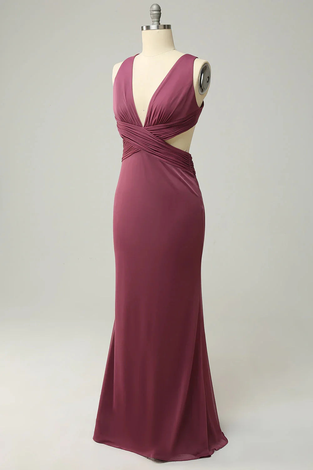 Tight deep V-neck desert rose long oversized front slit bridesmaid dress