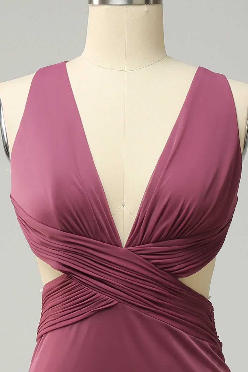 Tight deep V-neck desert rose long oversized front slit bridesmaid dress