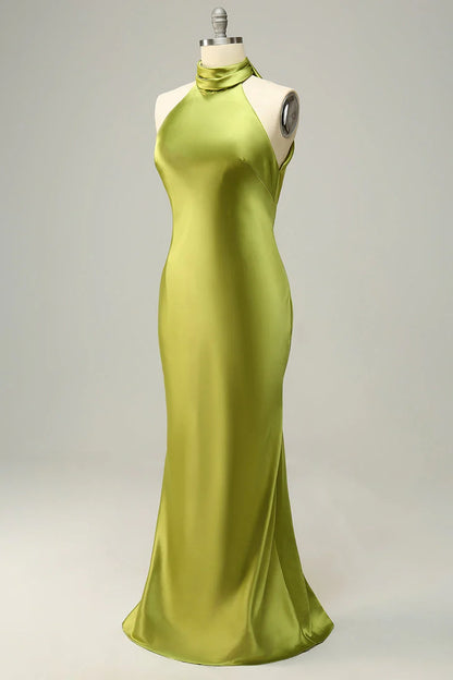 Hanging neck and backless lemon green long bridesmaid dress
