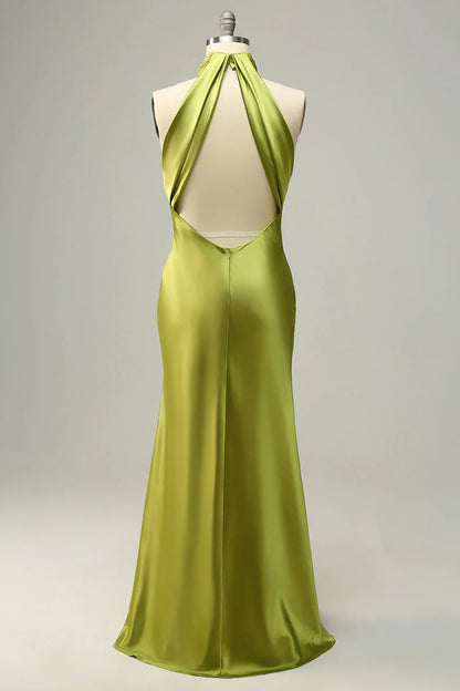 Hanging neck and backless lemon green long bridesmaid dress