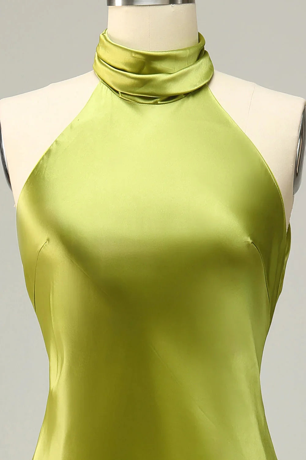 Hanging neck and backless lemon green long bridesmaid dress