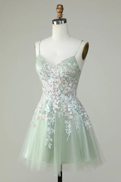 Gorgeous Light Green Appliqued Tulle Design A-line Spaghetti Strap Homecoming Dress TP3634