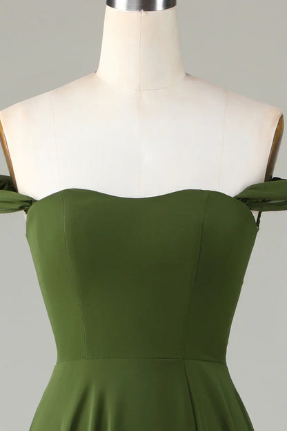 A-shaped slit off shoulder olive bridesmaid dress