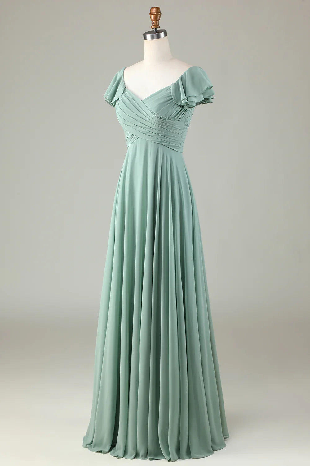 Back lace up ruffle edge matcha bridesmaid dress