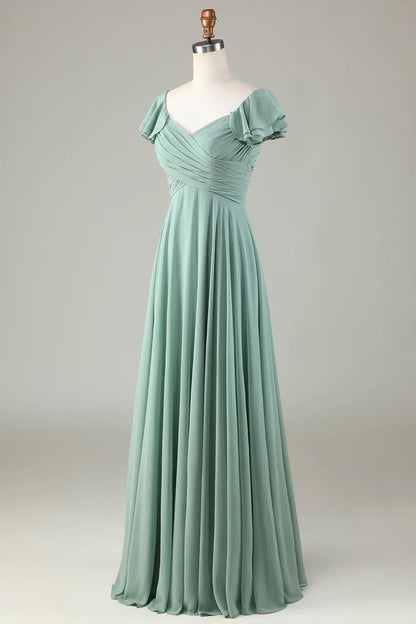 Back lace up ruffle edge matcha bridesmaid dress