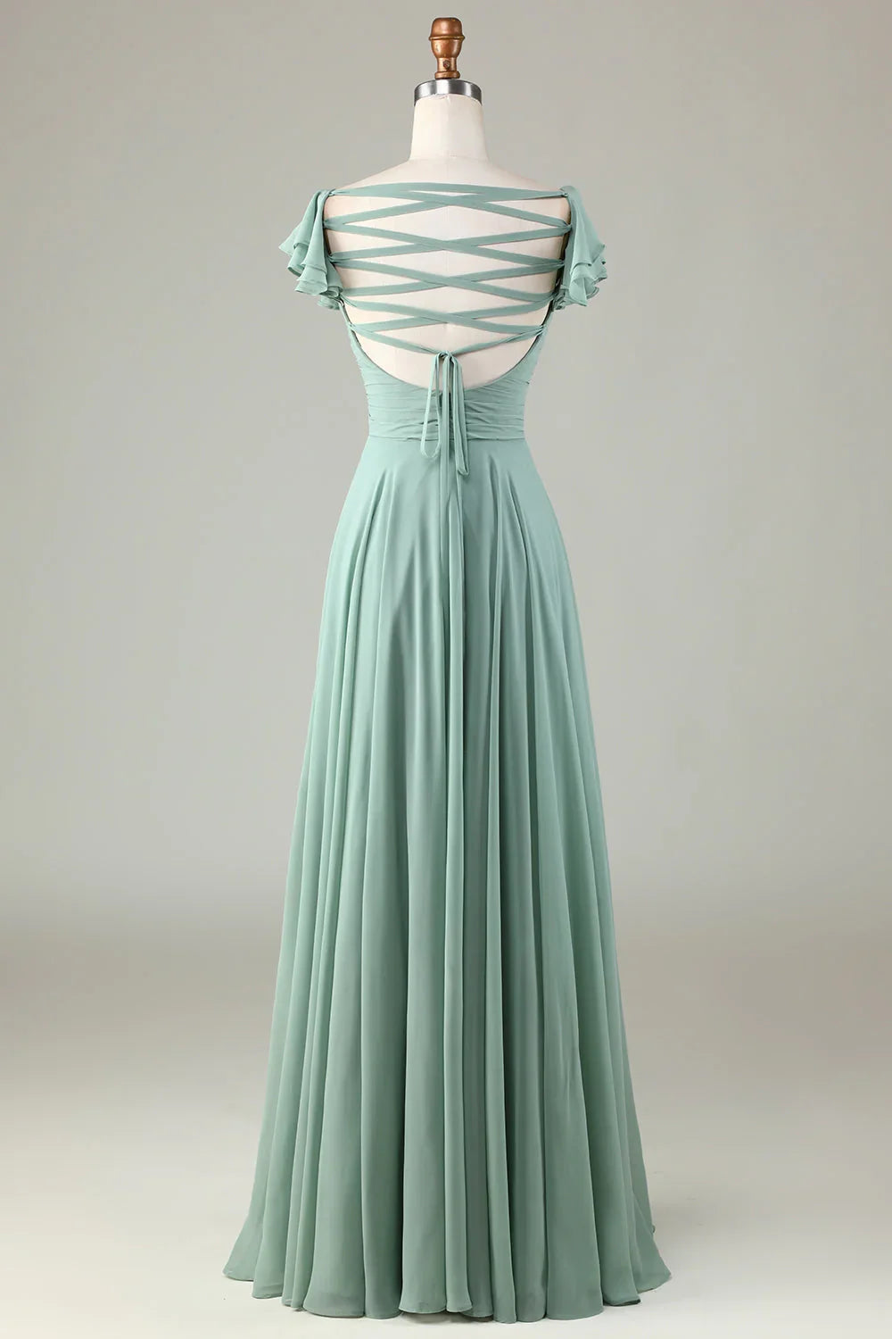 Back lace up ruffle edge matcha bridesmaid dress