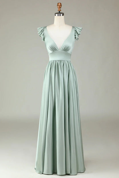 Deep V-neck ruffled matcha long bridesmaid dress