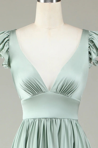 Deep V-neck ruffled matcha long bridesmaid dress