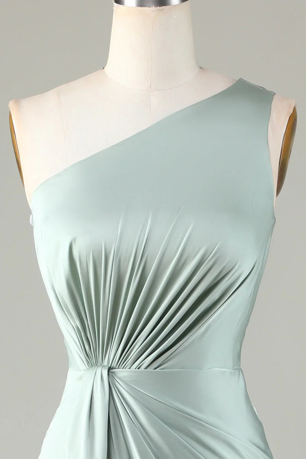 A shoulder matcha bridesmaid dress with ruffled edges