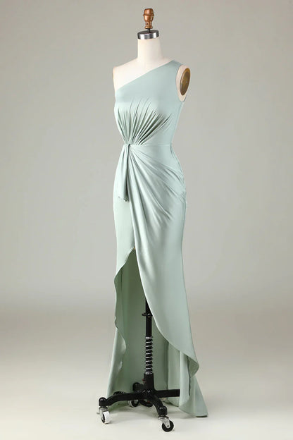 A shoulder matcha bridesmaid dress with ruffled edges