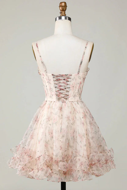 Charming Champagne Corset Floral Design A-line Spaghetti Strap Homecoming Dress TP3642