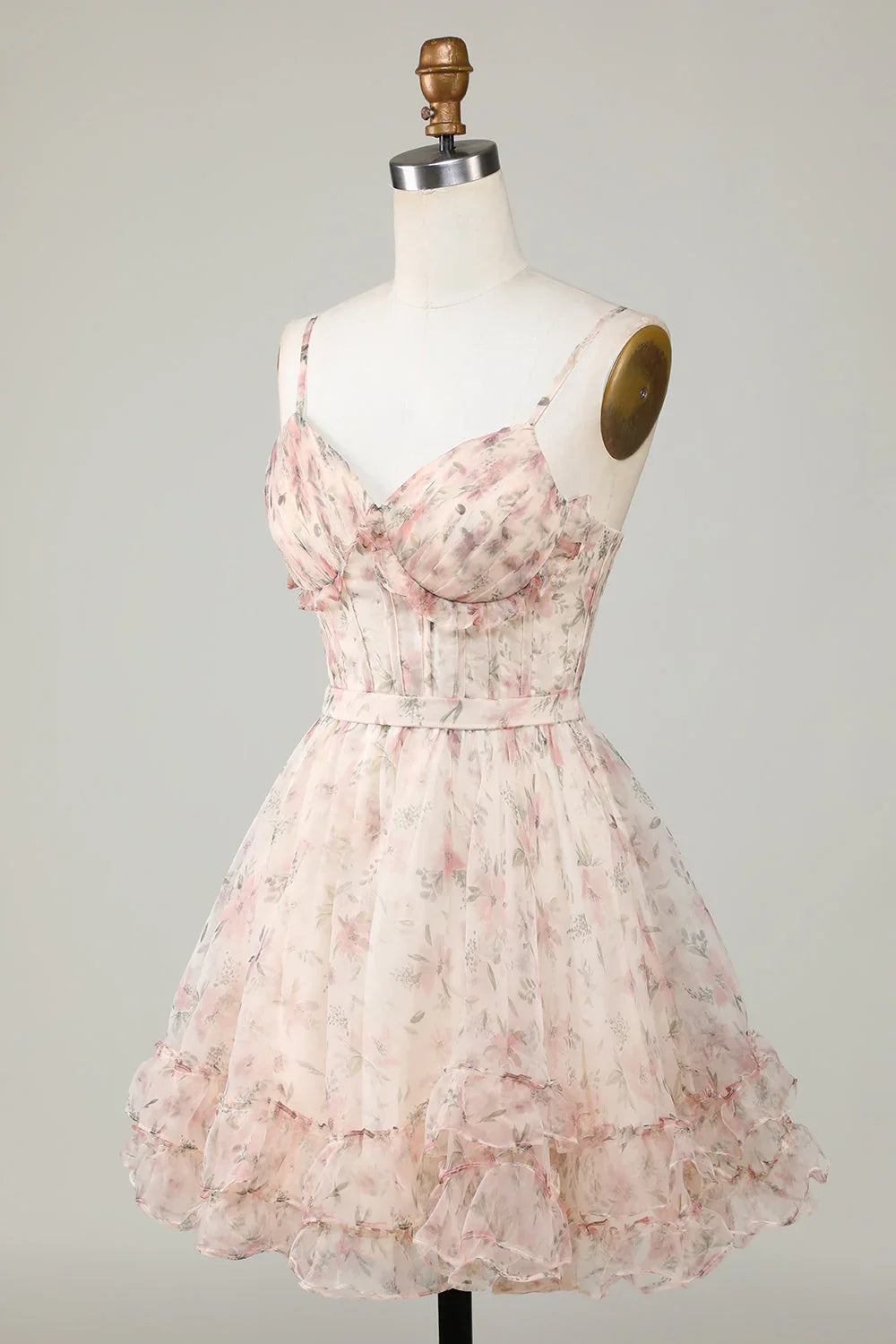 Charming Champagne Corset Floral Design A-line Spaghetti Strap Homecoming Dress TP3642