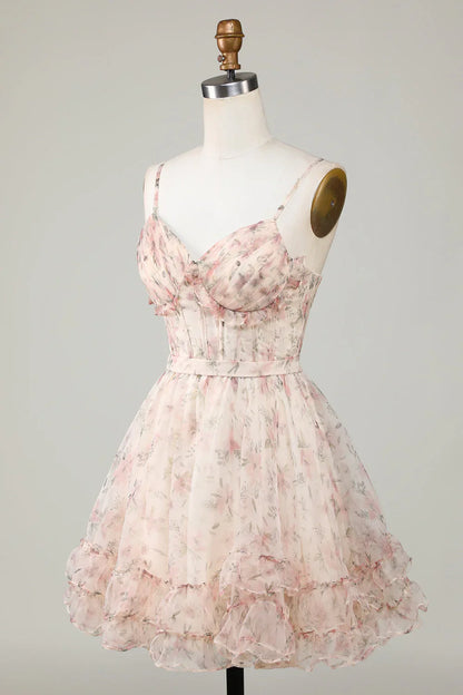 Charming Champagne Corset Floral Design A-line Spaghetti Strap Homecoming Dress TP3642