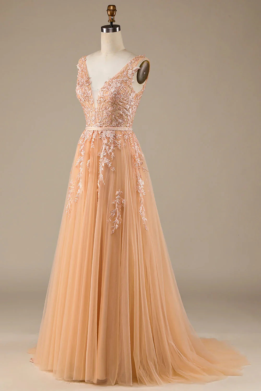 Champagne V-neck lace sheer wedding dress