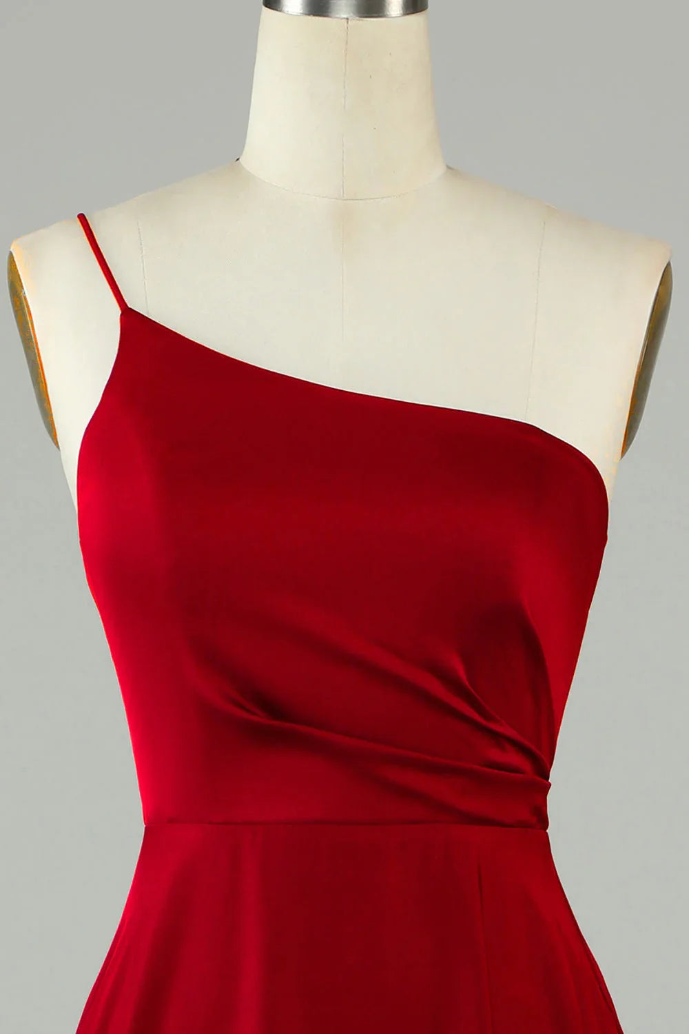 A-shaped ruffled edge one shoulder wine red long bridesmaid dress
